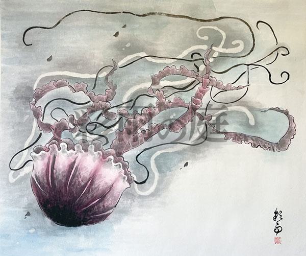 水墨画(南画)家、高森彩雨によるくらげの墨彩画　南画院展特選受賞